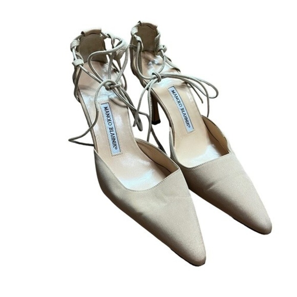 Manolo Blahnik D'Orsay Tan Point Toe Canvas Strappy Heels Size 39.5 (9.5) Women